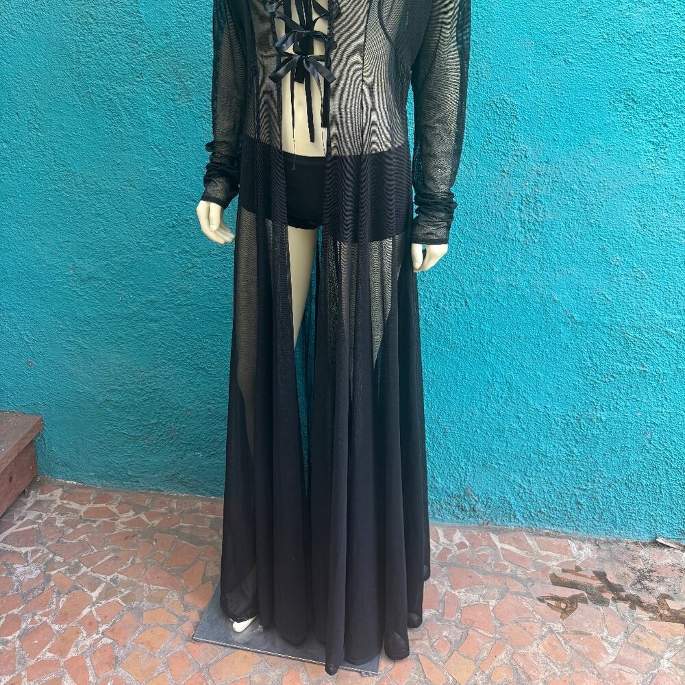 Catherine Coatney vintage black mesh duster coat robe goth small medium EUC - Picture 3 of 5
